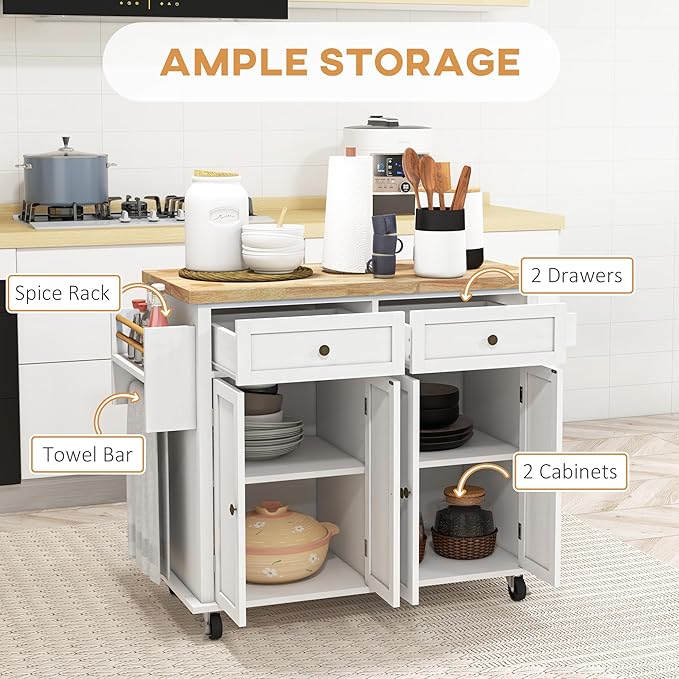 HOMCOM Kitchen Island Cart with Rubber Wood Top, Rolling Kitchen Island Table on Wheels with Drawers, Adjustable Shelves, Spice Rack and Towel Rack for Dining Room, Distressed White