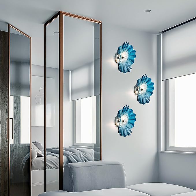 Hand Blown Glass Plate Wall Decor, Modern Unique Glass Wall Art, Lotus Leaf Wall Plate Shape Wall Sconce with Transparent and Easy to Clean for Staircase, Living Room, Kitchen, Hallway (Blue-1)