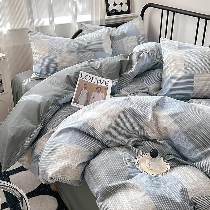 mixinni Full Comforter Set Soft Aesthetic Blue Geometric Checkered Plaid Printed Bedding Comforter for Men Boys, 1 Soft Microfiber Reversible Comforter with 2 Pillowcases for All Seasons