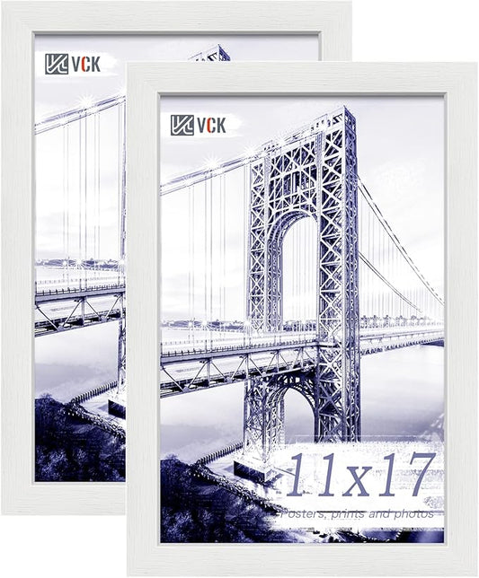 VCK 11x17 Poster Frame Set of 2 - White, Textured Exclusive Solid Wood Picture Frames, Wall Gallery Frame
