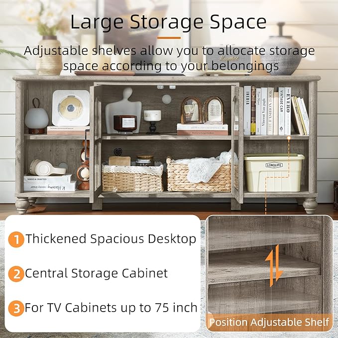 Farmhouse TV Stand for 60 Inch TV, Wood Entertainment Center with Glass Door Storage Cabinet & Adjustable Shelves,Television Stands for 65" TVS, Grey TV Console Table for Living Room,Bedroom