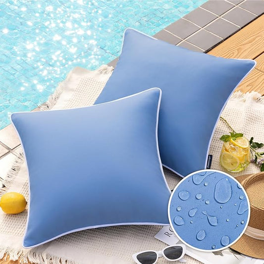 Phantoscope Pack of 2 Outdoor Waterproof Throw Pillow Covers Decorative Square Cushion Case Patio Pillows for Couch Tent Sunbrella, Foggy Blue 18x18 inches