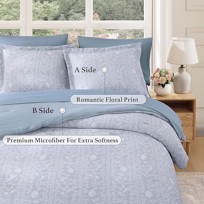 Full Comforter Set -7 Pieces Blue Floral Comforter Set for All Seasons, Bed in a Bag Full with Botanical Flowers Comforter, Sheets, Pillowcases & Shams
