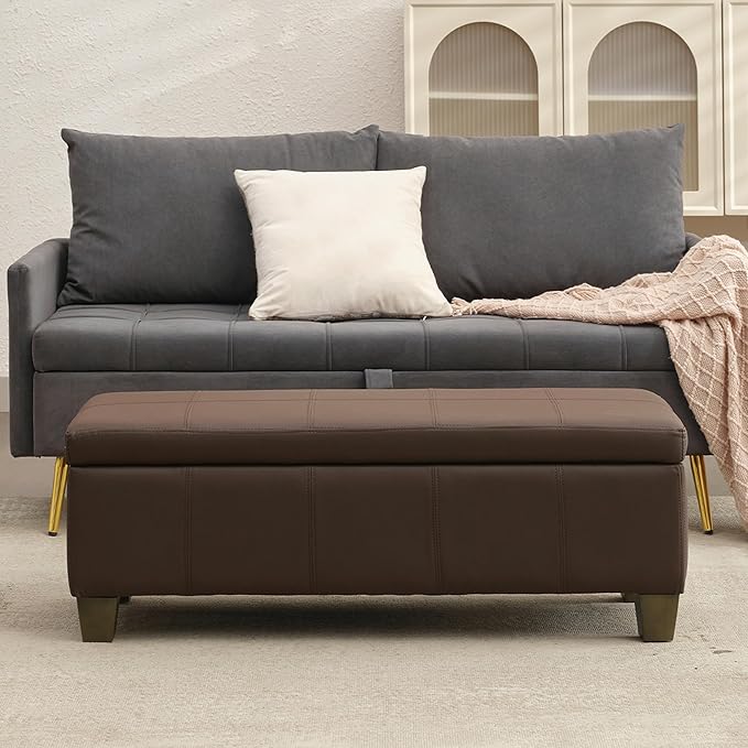 Brown Faux Leather Ottoman with Storage, Rectangular Extra Long Storage Bench for Bedroom and Living Room