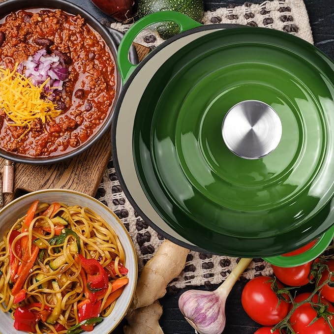3 Quart Dutch Oven Enameled Cast Iron with Lid - Big Dual Handles - Oven Safe up to 500°F - Classic Round Pot for Versatile Cooking Green