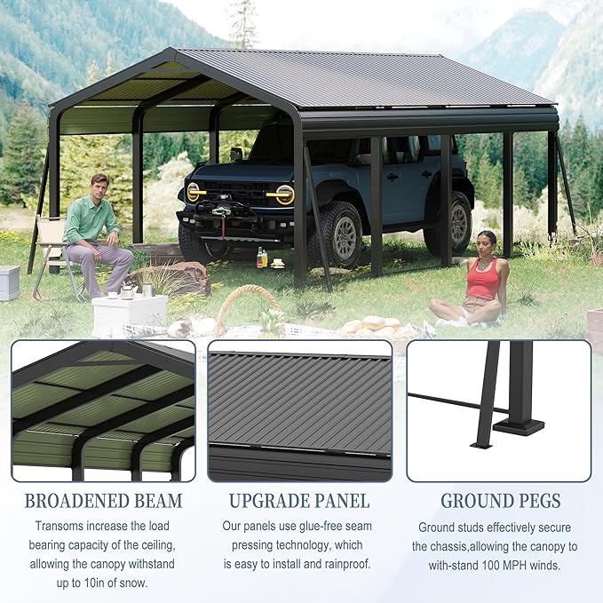 12x20 FT Metal Carport, Heavy Duty Car Port Canopy with Galvanized Steel Roof & Frame, Large Metal Carport Kit, Outdoor Car Garage, Steel Car Shelter for Car, Boat, Truck, Dark Gray