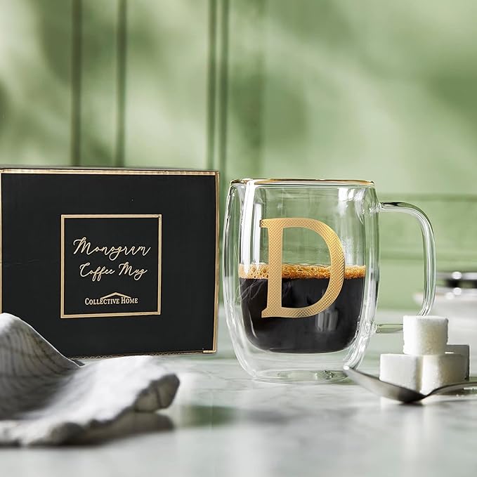 COLLECTIVE HOME - Double Walled Glass Coffee Mugs, Insulated Coffee Mug with Handle, Personalized Gifts for Women, Men, Christmas, 14 oz Monogram Cups (D)