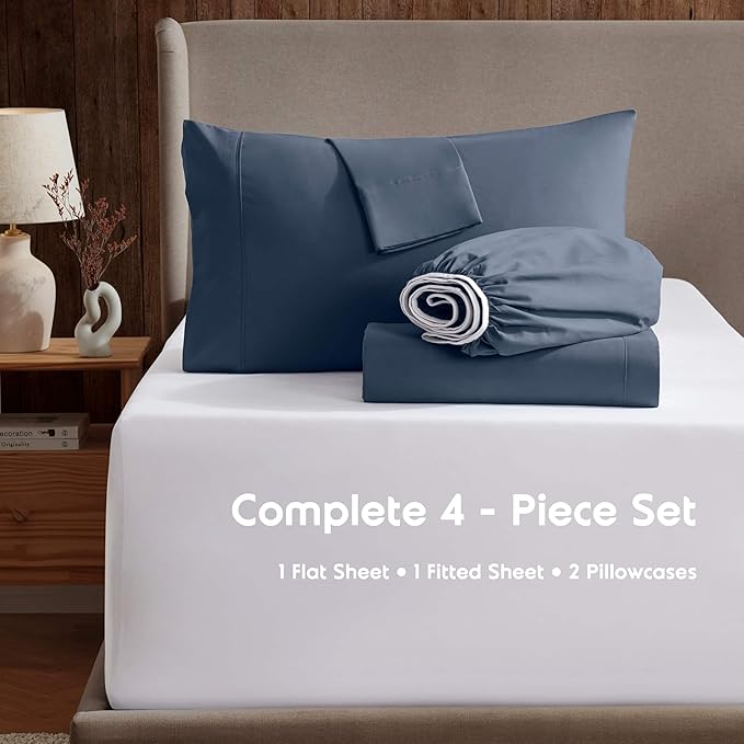 Nestl Short Queen Sheet Set - 1800 Ultra-Soft Microfiber - Double Brushed - Deep Pockets - Easy Fit - 4 Piece Set - Bed Sheets (Short Queen, Navy Blue)