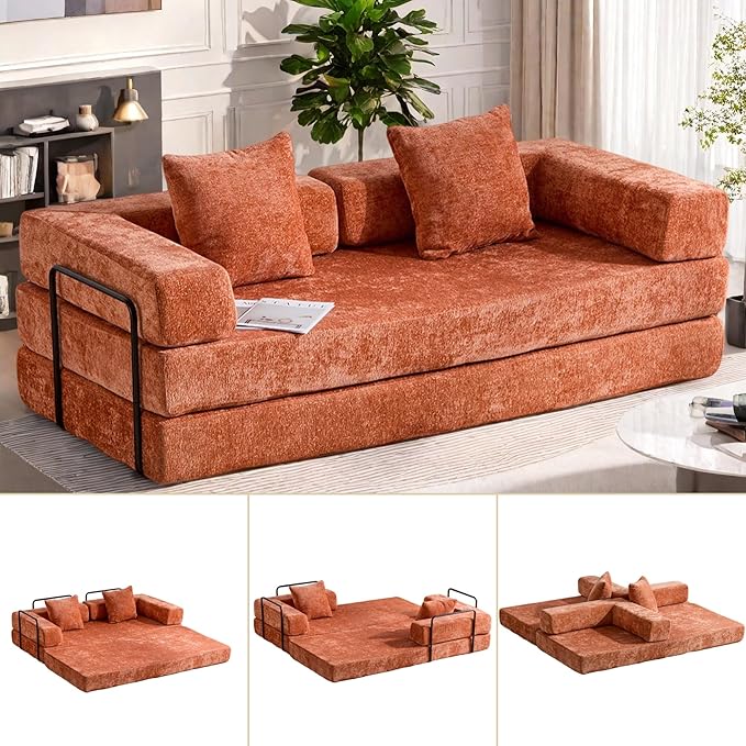 Convertible Sofa Bed, Compression Futon Sofa with Pillows & Armrest, Foldable Mattress Couch with Fixed-Shape Frame, Comfy Couch Lounge Sleeper Bed for Living Room Bedroom, Orange