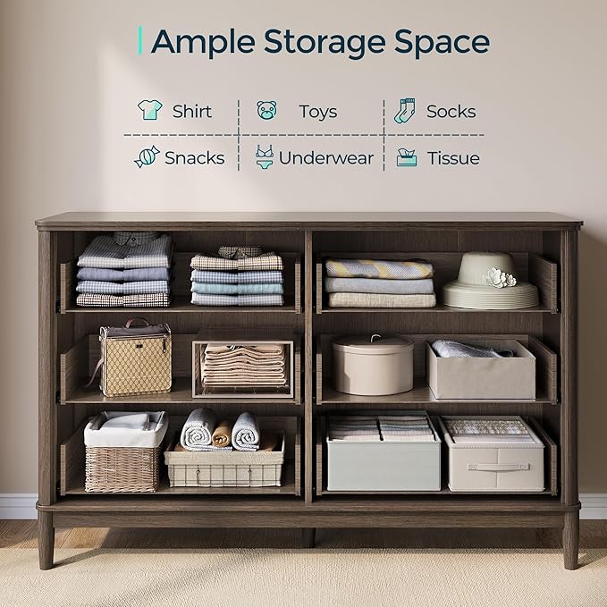 LINSY HOME Fluted Dresser for Bedroom with 6 Drawers, 54" Wide Chest of Drawers, Mid Century Modern Dresser TV Stand with Metal Handle, Wood Closet Storage Cabinet for Living Room, Hallway, Walnut