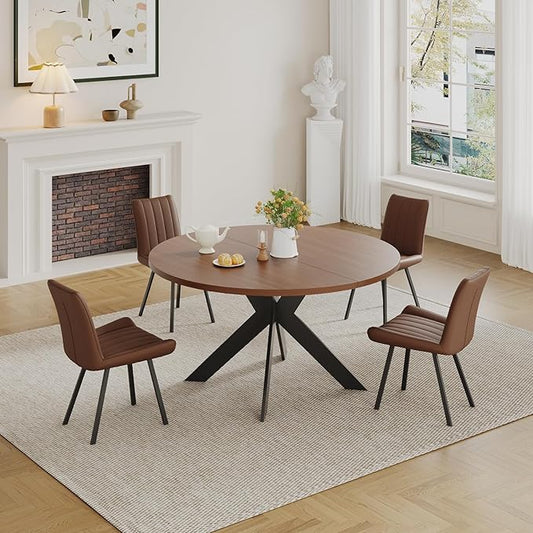 45.3" Walnut Round Dining Table Set with 4 Chairs – Mid-Century Modern Small-Space Kitchen & Dining Room Furniture for Apartment or Breakfast Nook (Boxwood – Table + 4 Brown Chairs)