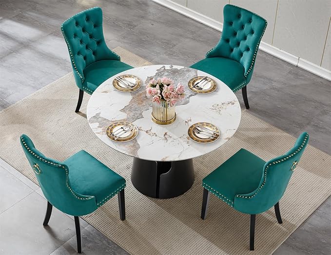 5-Piece Faux Marble Round Dining Table Set for 4, Modern Luxury Kitchen Table Set for 4 with Green Tufted Chairs,Circle Dining Tables with Pandora Grain Top and Black Pedestal Base