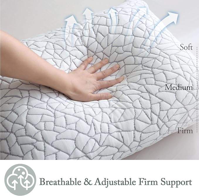 BPC Rayon Derived from Bamboo Pillows Queen Size - Adjustable Shredded Memory Foam Pillow with Removable Cover Firm Pillow for Side Stomach and Back Sleepers, CertiPUR-US