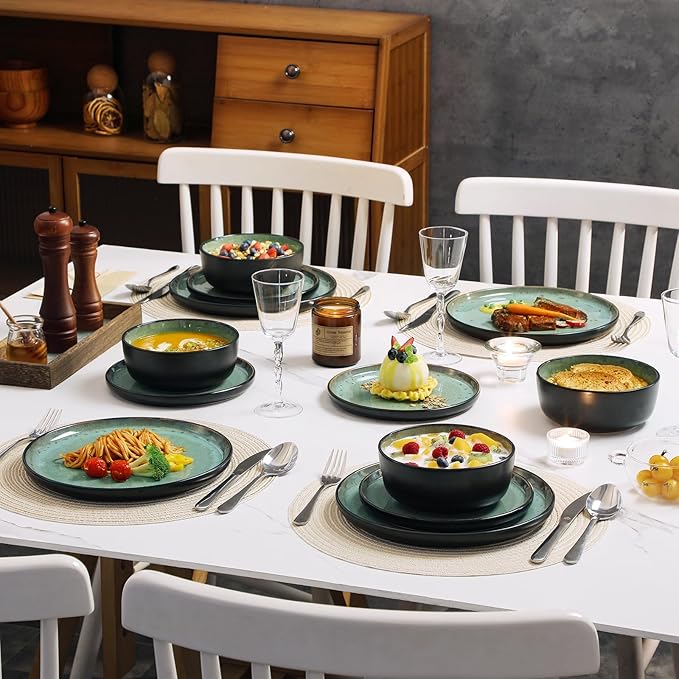 vancasso Plates and Bowls Sets, 18 Pieces Stoneware Dinnerware Sets for 6, Kitchen Dish Set Mircowave and Dishwasher Safe Dinner Set Ceramic Dishware, Turf Green, Series AMBER