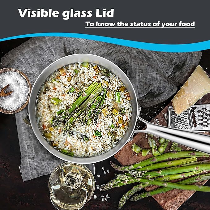 E-far 2-Quart Saucepan, Tri-Ply Stainless Steel Sauce Pan with Glass Lid, Small Cooking Induction Pot Compatible with All Cooktops, Non Toxic, Oven & Dishwasher Safe