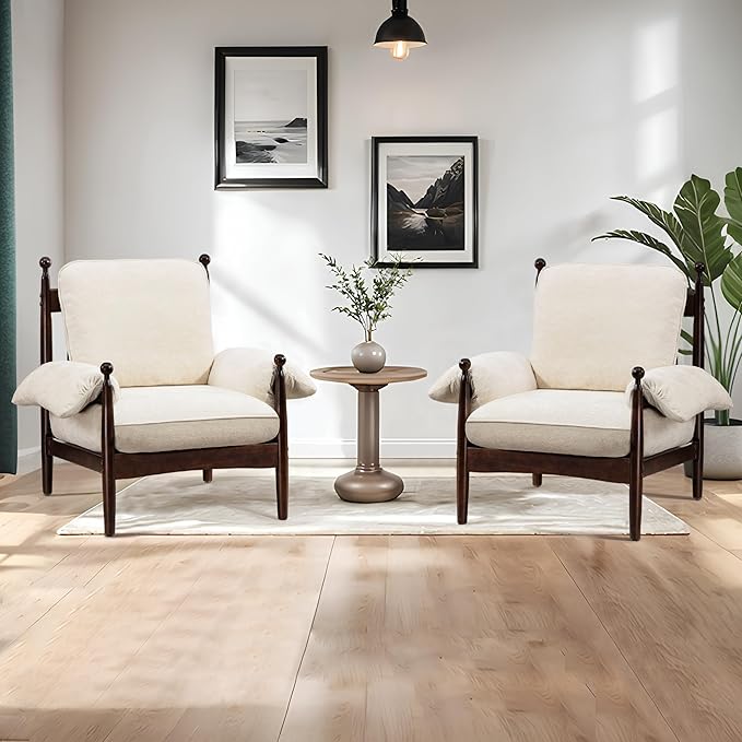 Mid Century Modern Accent Chair with Arms, Upholstered Spindle Chair with Wood Frame, High-Resilience Sponge Cushion for Living Room Bedroom Office