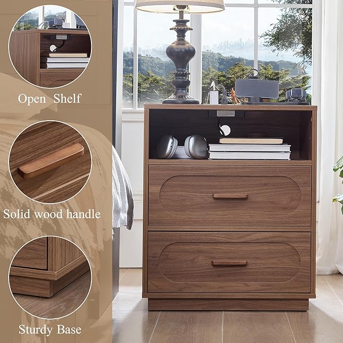 Walnut Nightstand with Charging Station, Modern End Table with 2 Drawers Storage, Space-Saving Wood Storage Cabinet with Unique Base Design, Bedside Table for Bedroom, Living Room