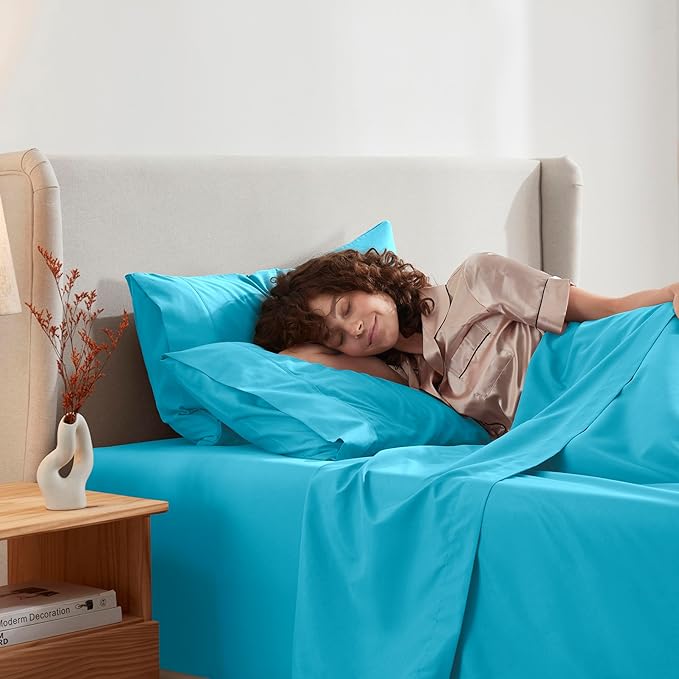 Nestl Short Queen Sheet Set - 1800 Ultra-Soft Microfiber - Double Brushed - Deep Pockets - Easy Fit - 4 Piece Set - Bed Sheets (Short Queen, Bright Blue)