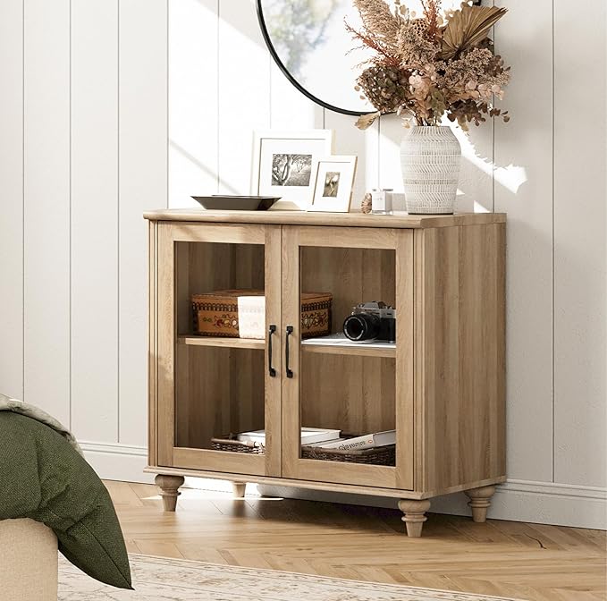 WAMPAT Farmhouse TV Stand for TVs Up to 43 inch, Glass Wood Universal TV Stand with 2 Storage Cabinets, Oak Entertainment Center for 32-43 inch TV Console Table for Living Room, Bedroom