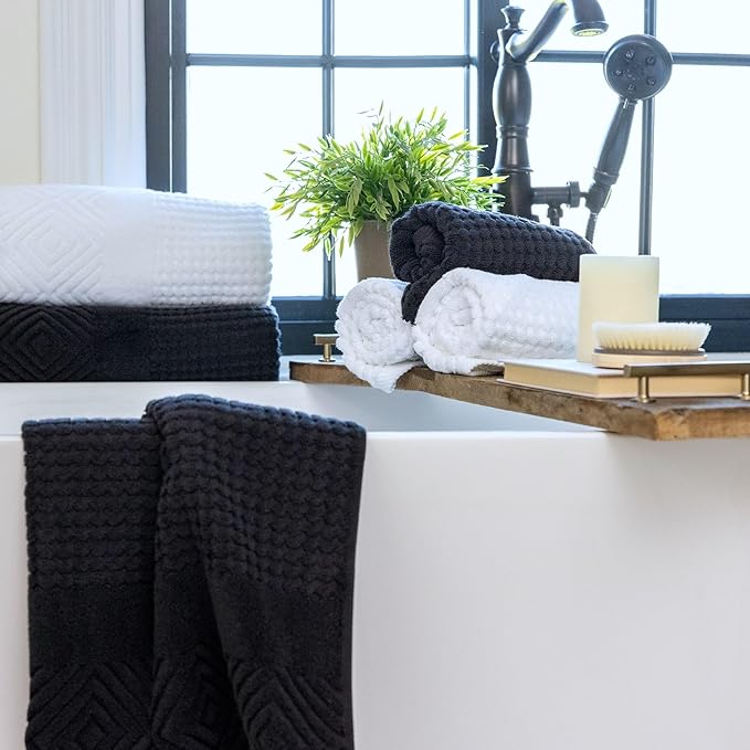 Texere 100% Organic Cotton Diamond Jacquard 700 GSM Luxury Bath Towel Sets - Ultra Soft and Absorbent Hotel and Spa Quality (Diamond, Black, 2 Bath & 2 Hand Towels)