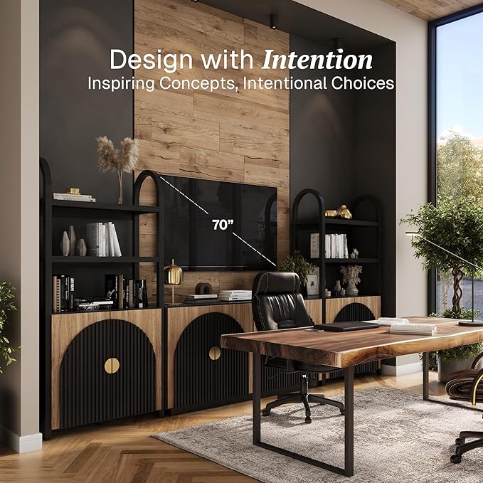 BELLEZE 3-Piece Arched TV Stand Entertainment Center with Storage, Mid Century Modern 2-Piece 72″ Tall Storage Cabinets and 65″ Fluted TV Console for Living Room (Camel)