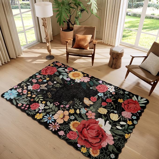 Washable Floral Area Rugs for Living Room, 5'x7' Black Soft Non-Slip Bedroom Rug Stain Resistant Lightweight Boho Vintage Low-Pile Throw for Dining Room Office