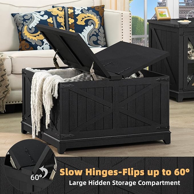 Farmhouse Coffee Table Sets 2 Pieces, Large End Side Tables with Charging Station and Coffee Table with Hidden Storage Compartment, Black Living Room Table Set, Wood Furniture Sets for Home Office