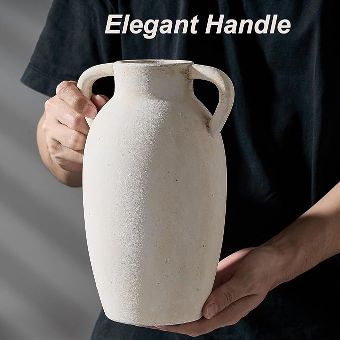 PORCER Ceramic Vase, 9.84 Inch Terracotta Vase with Handles, Boho Decor Decorative Vase, Rustic Vase for Home Decor, Farmhouse, Living Room, Table - Beige