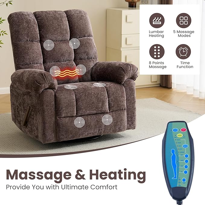 Oversized Swivel Rocker Recliner with Massage and Heat, 26" Extra Wide Manual Recliner for Adults & Big Man, Overstuffed Rocking Chair with High Back for Living Room, Coffee Chenille