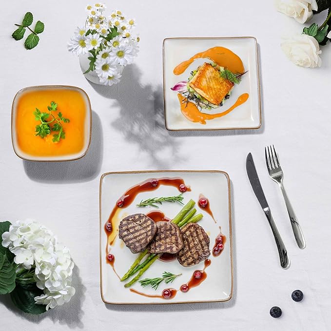 Herogo 12 Pieces Square Stoneware Dinnerware Dishes Set for 4, Handmade Dining Plates and Bowls Sets, Double Reactive Glaze, Microwave & Dishwasher Safe, Scratch Resistant, Ivory White