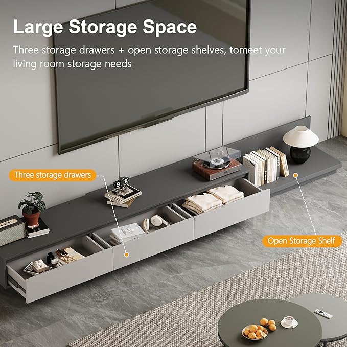 78.7–130" Extendable TV Stand with 3 Drawers - Mid-Century Modern Adjustable Entertainment Center, Perfect for Living Room, Dark Gray & Light Gray