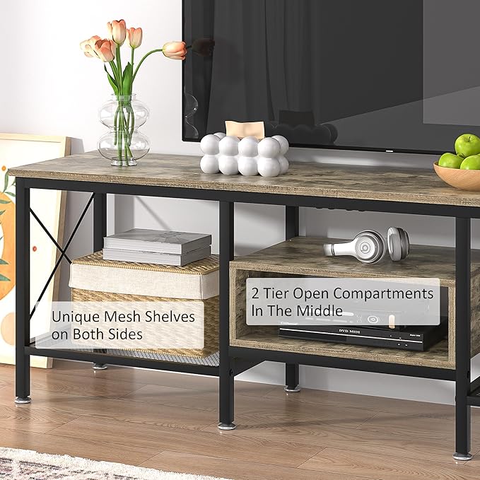 VECELO Industrial TV Stand for 70 Inch Television Cabinet 3-Tier Console with Open Storage Shelves, Entertainment Center Metal Frame for Living Room, Bedroom, 63 Inch, Light Grey