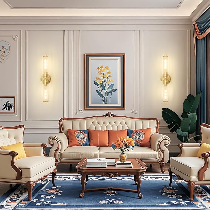 Bathroom Light Fixtures, Gold Wall Sconce in Threaded Glass Vanity Lights 2 Pack, Modern Bathroom Vanity Light Up and Down Sconces Wall Lighting for Bathroom, Living Room - Bulb Not Included