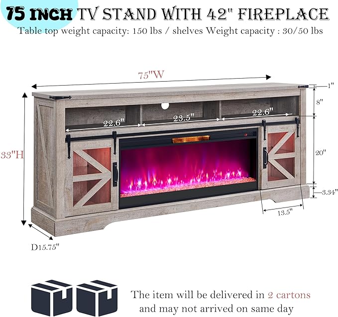 OKD 75" Fireplace TV Stand for 85" TV, 33" Tall Highboy Farmhouse Entertainment Center w/ 42'' Electric Fireplace, LED Light, Rustic Media Console w/Sliding Barn Door for Living Room, Light Rustic Oak