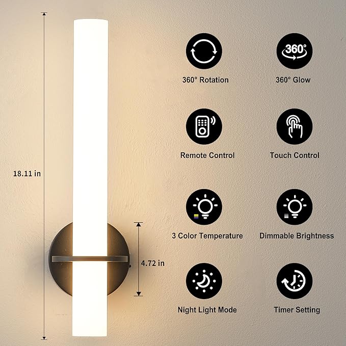 Black Battery Operated Wall Sconce Set of 2,Rechargeable Wireless Wall Lights with Remote Control,Dimmable,3000K-6000K,360° Rotation, Cordless Wall Lighting for Living Room,Bedroom,Stairway,18 Inch