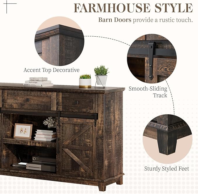 Farmhouse TV Stand with Sliding Barn Door & Drawer, 59" Rustic Entertainment Center for TVs up to 65", Buffet Storage Cabinet for Living Room, Dinning Room, Dark Rustic Oak