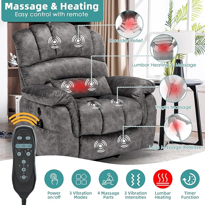 MEETWARM Large Dual Motor Power Lift Chair with Extended Footrest for Big Tall Elderly, Infinite Position Lay Flat Lift Electric Recliner, Heat Massage, Lumbar Pillow, USB & Type-C Ports, Plush Gray