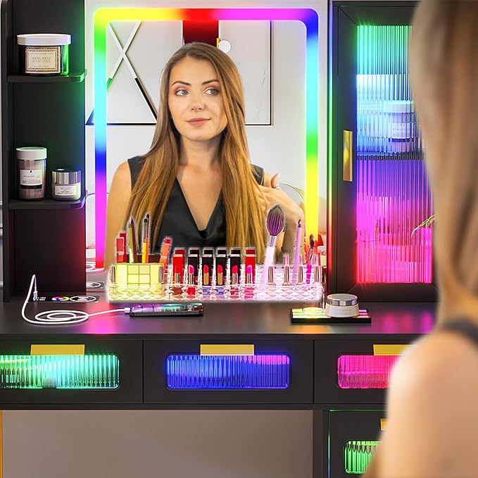 HNEBC Black LED Vanity, Makeup Vanity with RGB Lights and 6 Drawers for Bedroom, Makeup Desk with USB/Wireless Charging, Dressing Table with Shelves/Cabins/Stool, Vanity Table Set as Gifts for Girls