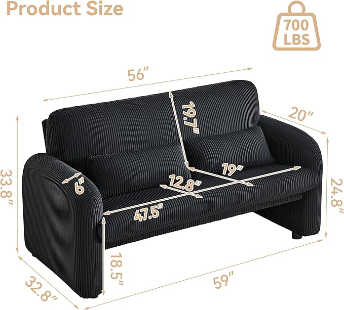 56'' Corduroy Loveseat Sofa, 2 Seater Love Seat Couch for Small Space, Comfy Upholstered Modern Leisure Loveseat Couches with Lumbar Pillows for Bedroom, Office, Living Room, Black