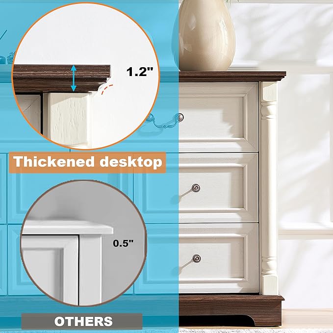 Farmhouse 6 Drawer Dresser with Roman Column Design, 47" Wide Wood Chest of Drawers for Bedroom, Living Room, Antique White