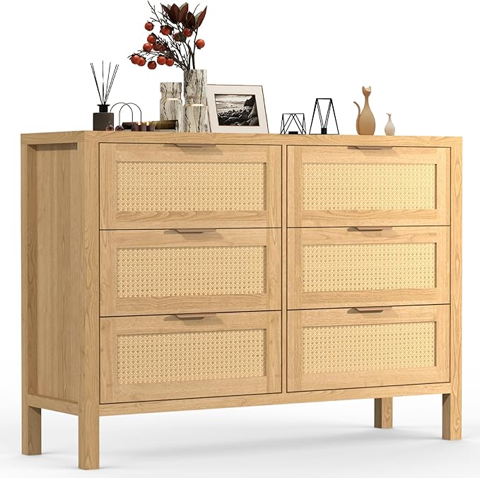 Wood 6 Dresser for Bedroom, Wide Rattan Drawer with Gold Handle for Bed Room, Hallway, Rustic Oak