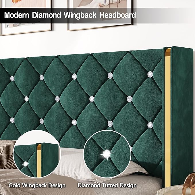 HOMBCK King Size Bed Frame with Headboard, Upholstered Platform Bed with Wingback Design, Modern Diamond Bed Frame with Tufted Deep Button, No Box Spring Needed, Easy Assembly, Green