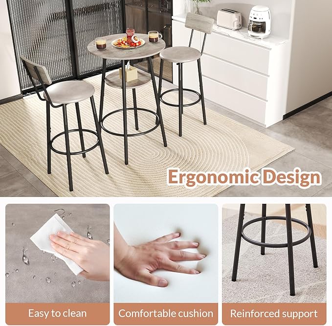 3 Pieces Round Bar Table Set, Small Dining Table for 2, Breakfast Table with Storage, Modern Kitchen Bar Table, 2 Upholstered Stools with Backrest for Kitchen, Dining Room & Bistro-Grey