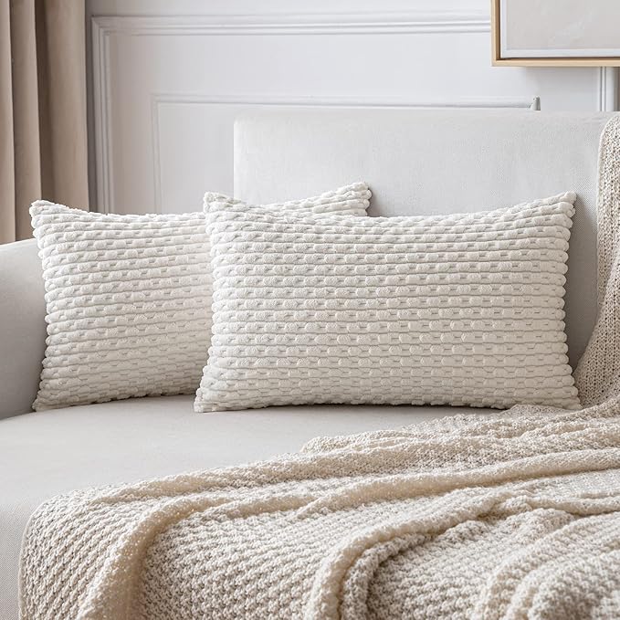 MIULEE Throw Pillow Covers Soft Corduroy Decorative Set of 2 Boho Striped Pillow Covers Pillowcases Farmhouse Home Decor for Couch Bed Sofa Living Room 12x20 Inch Pure White