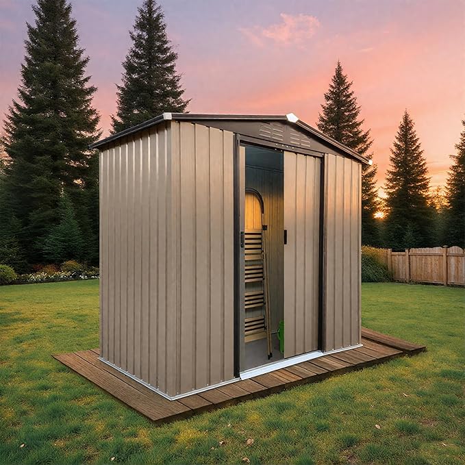 6 x 4 FT Outdoor Storage Metal Shed, Bike Garden Tool Shed with Slooping Roof, Lockable Doors and Aluminum Frames, Shed Easy to Assemble for Garden, Patio, Lawn, Brown