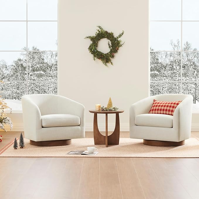 CHITA Swivel Accent Chair, FSC Certified Upholstered Fabric Barrel Chair for Living Room, Fully Assembled, Linen