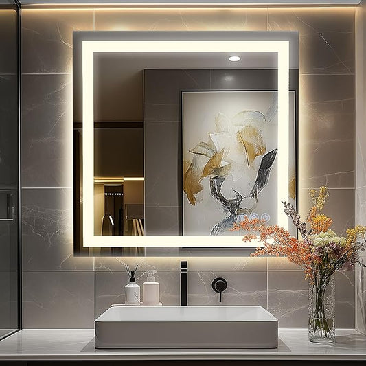 Antok 36"x 36" LED Bathroom Mirror with Lights, Anti-Fog, Dimmable, Lighted Vanity Mirror with Tempered Glass, Memory Function, 3 Light Modes, Safe Use, Horizontal, Vertical