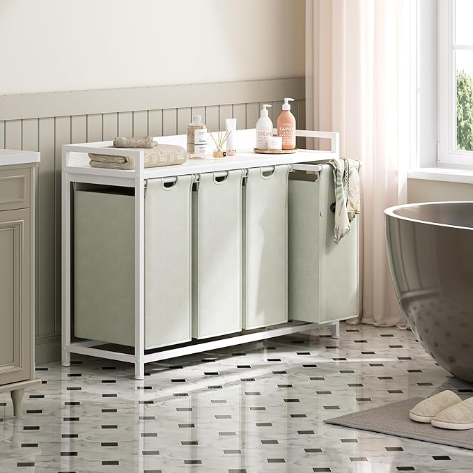 Laundry Hamper with Shelf, Laundry Basket 4 Section, Laundry Sorter with Pull-Out Removable Large Bags and Movable Wheels, Metal Frame, 4 x 15.87 Gallons (60L), White PF07XLW