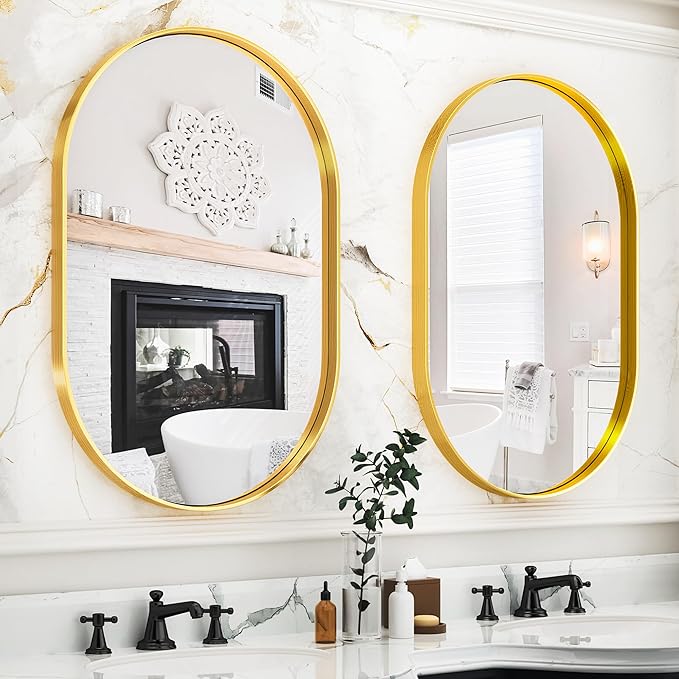 Suidia 22" x 30" Bathroom Mirror, Bathroom Vanity Mirror Metal Framed, Wall-Mounted Mirrors for Bedroom, Living Room, Entryway, Hallway, Gold, Oval Style