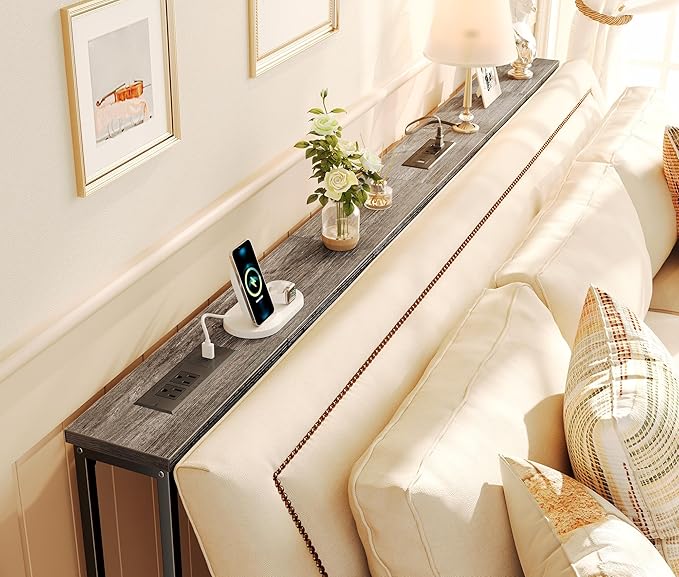 SUPERJARE 5.9 Inch Console Table with Outlet, Sofa Table, Behind Couch Table, 5.9 x 39.4 x 29.1 Inches, Metal Frame, Charging Station, Charcoal Grey